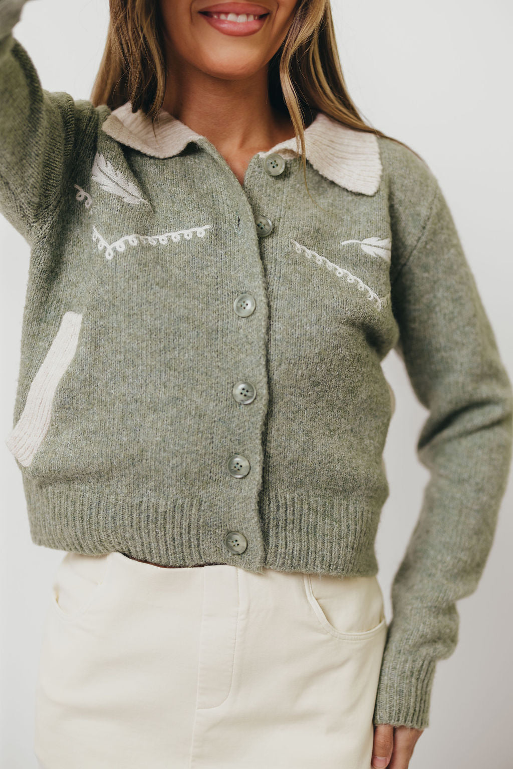 Dakota Feather Embroidered Cardigan Top in Basil