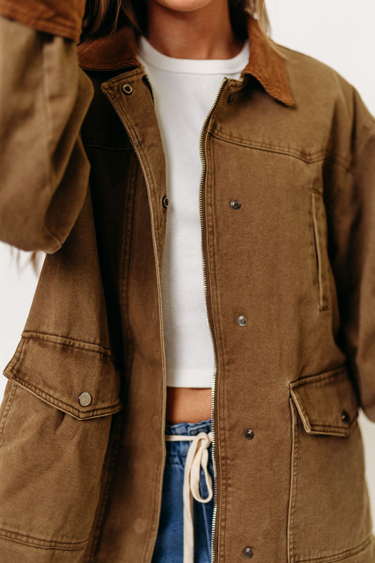 Sable 100% Cotton Field Collared Jacket in Olive Brown