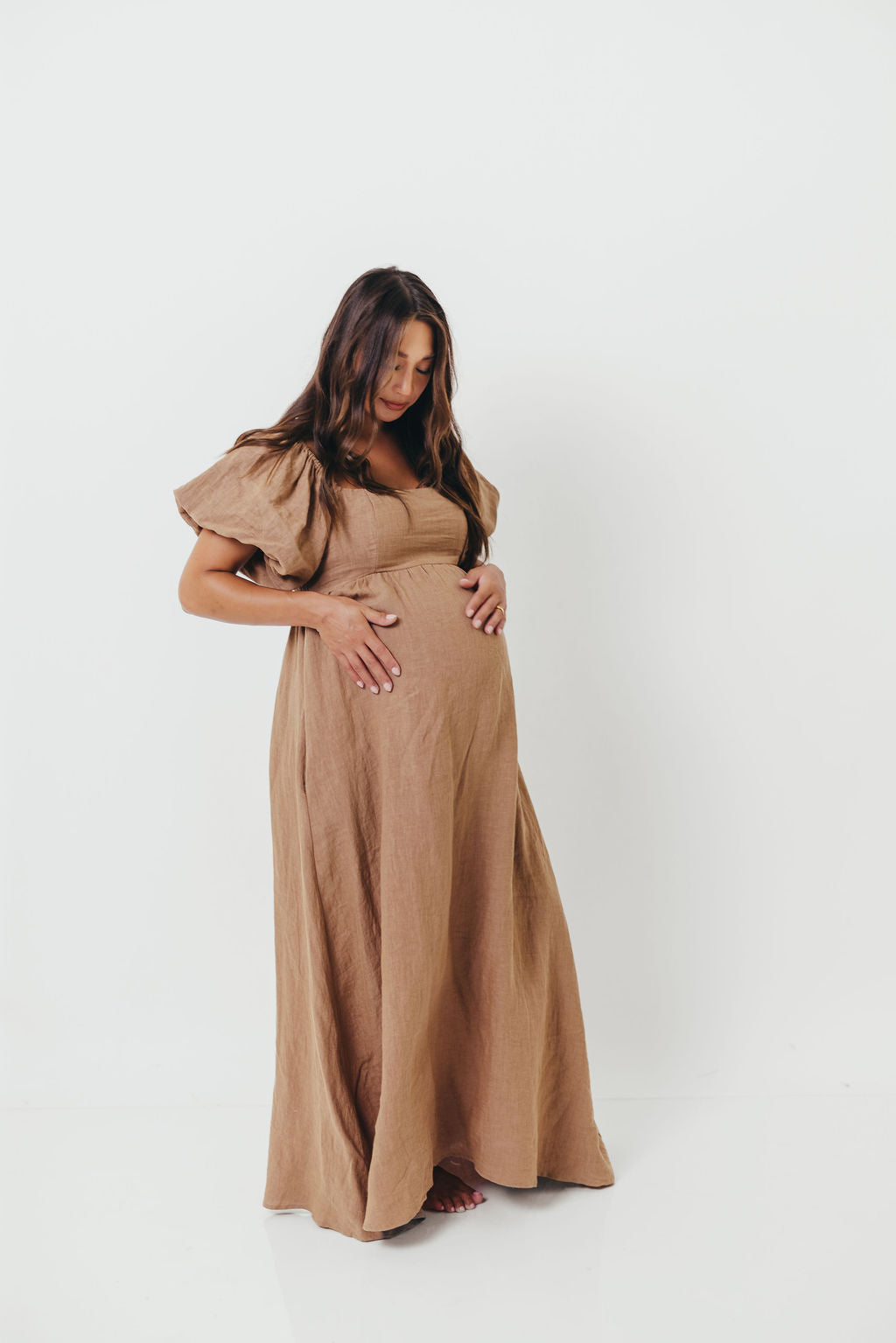 Candace Woven Linen Maxi Dress in Mocha - Bump Friendly