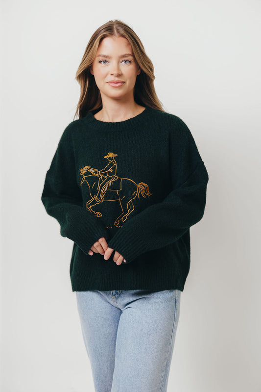 Virginia Embroidered Cowboy Knit Sweater in Deep Forest