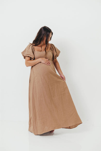 Candace Woven Linen Maxi Dress in Mocha - Bump Friendly