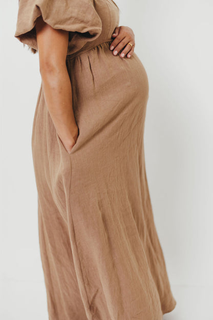 Candace Woven Linen Maxi Dress in Mocha - Bump Friendly