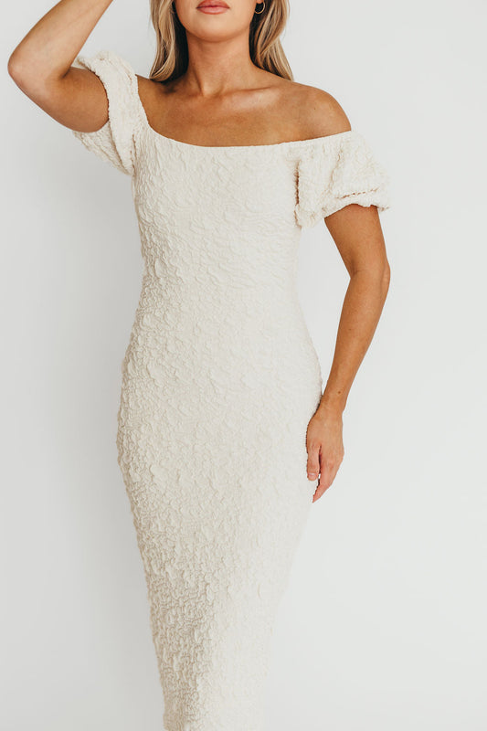 Blakeley Textured Midi Dress in Ivory - Bump Friendly & Inclusive Sizing (S-3XL)