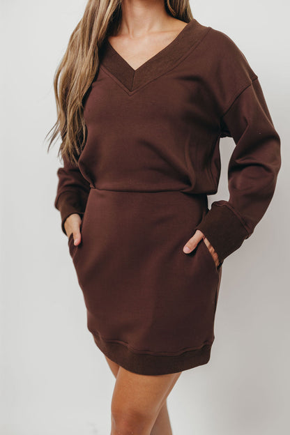 Sansa Butter Modal V-Neck Ribbed Contrast Mini Dress in Cocoa