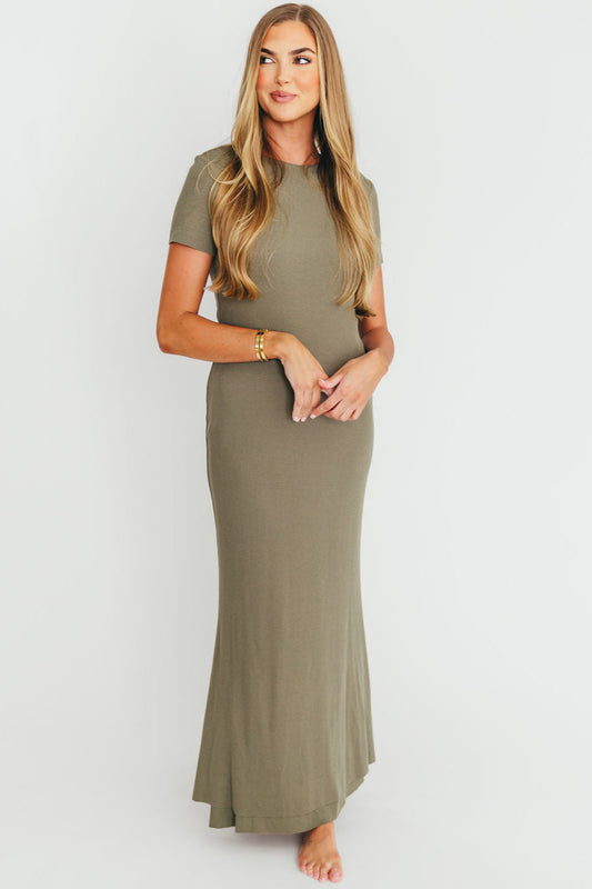 The Charlie Ribbed Maxi Dress in Dusty Olive Green - Bump Friendly