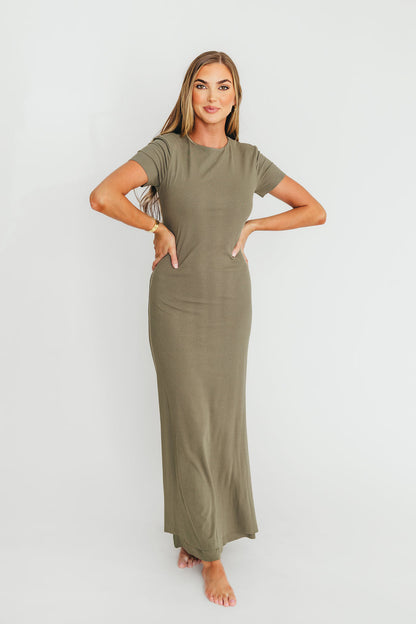 The Charlie Ribbed Maxi Dress in Dusty Olive Green - Bump Friendly