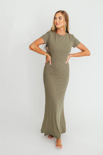 The Charlie Ribbed Maxi Dress in Dusty Olive Green - Bump Friendly