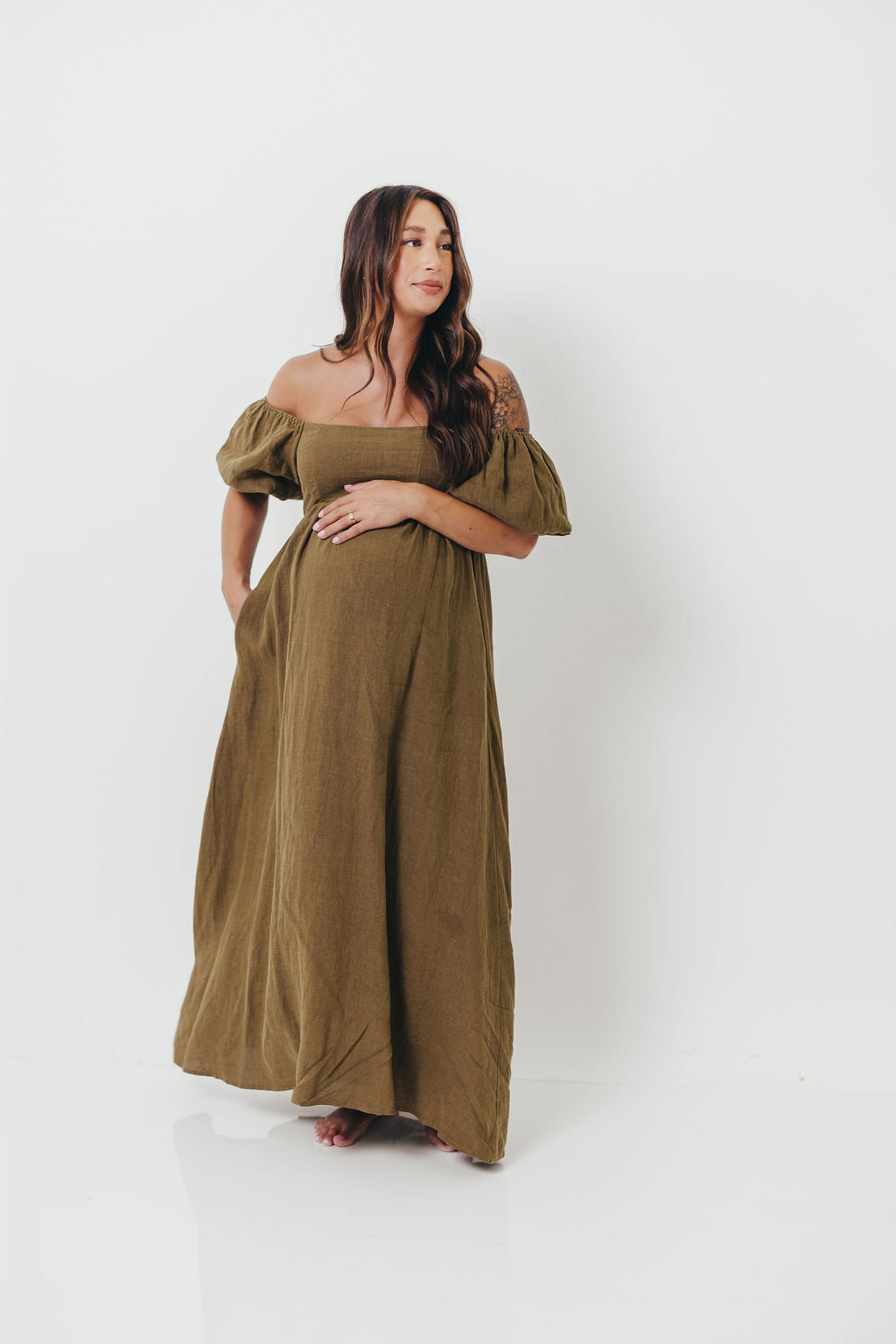 Candace Woven Linen Maxi Dress in Dark Olive - Bump Friendly