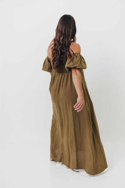 Candace Woven Linen Maxi Dress in Dark Olive - Bump Friendly