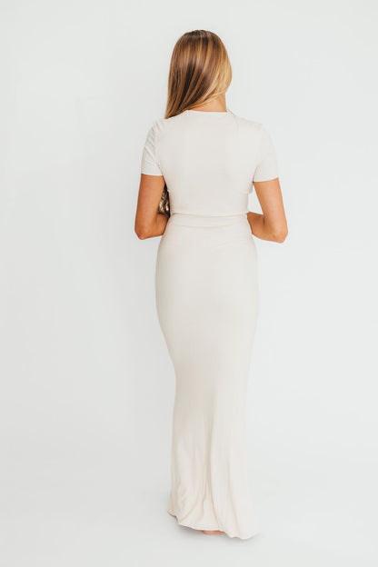 The Charlie Ribbed Maxi Dress in Light Peach - Bump Friendly