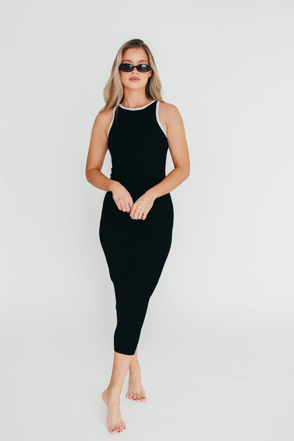 Juliana Contrast Racerback Tank Dress in Black/White