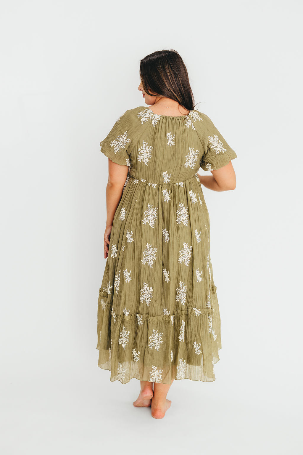 Hallie Embroidered Maxi Dress in Olive - Bump Friendly & Inclusive Sizing (S-3XL)