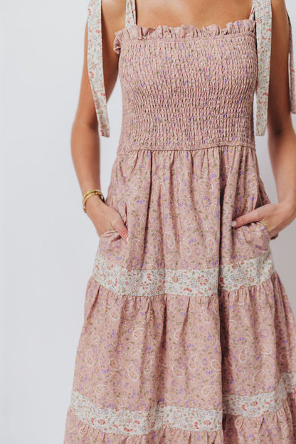 Paisley Tiered Midi Dress in Nude Pink