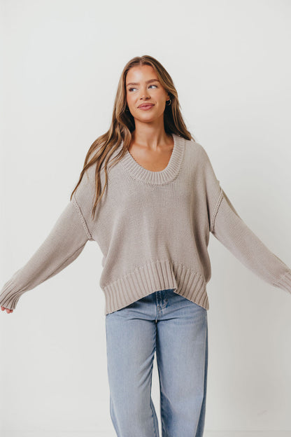Lola 100% Cotton Scoop Neck Drop Shoulder Knit Sweater in Grey
