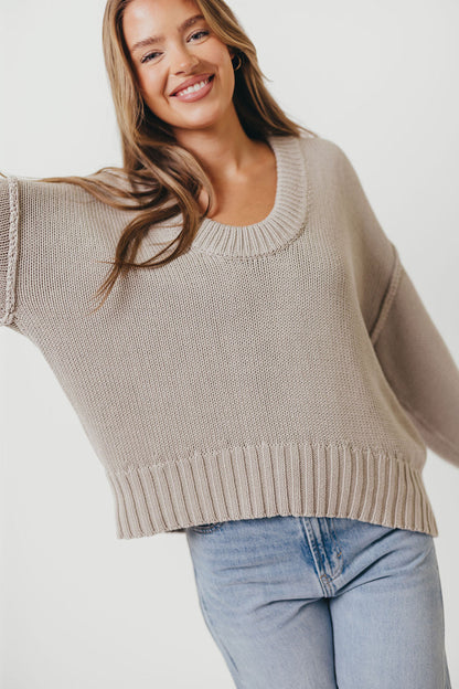Lola 100% Cotton Scoop Neck Drop Shoulder Knit Sweater in Grey