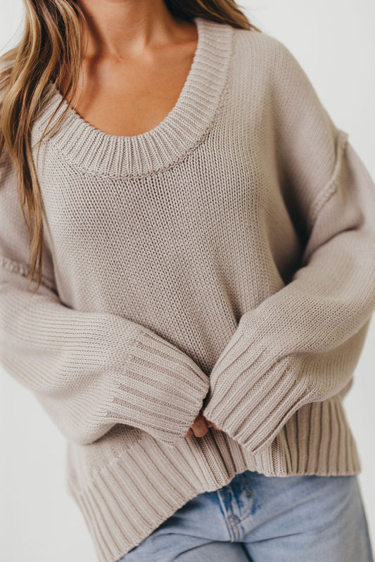 Lola 100% Cotton Scoop Neck Drop Shoulder Knit Sweater in Grey
