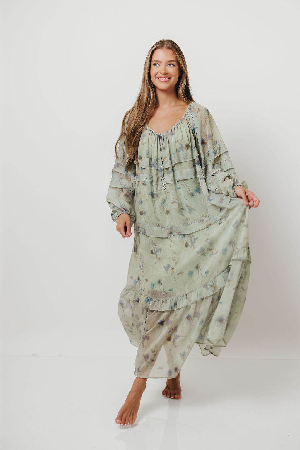 Wildwood Ruffled Maxi Dress in Sage Multi