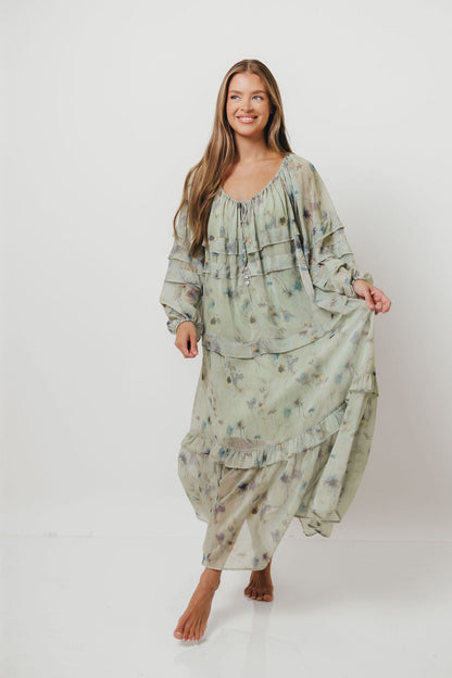 Wildwood Ruffled Maxi Dress in Sage Multi