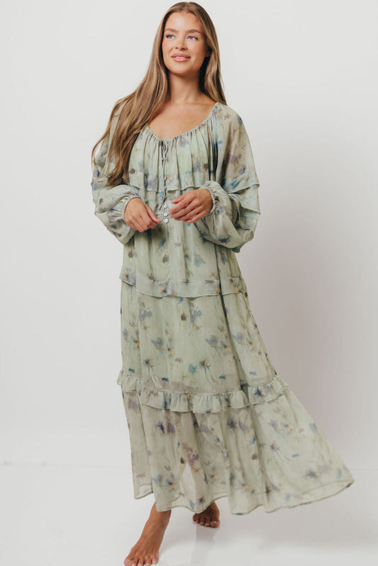 Wildwood Ruffled Maxi Dress in Sage Multi
