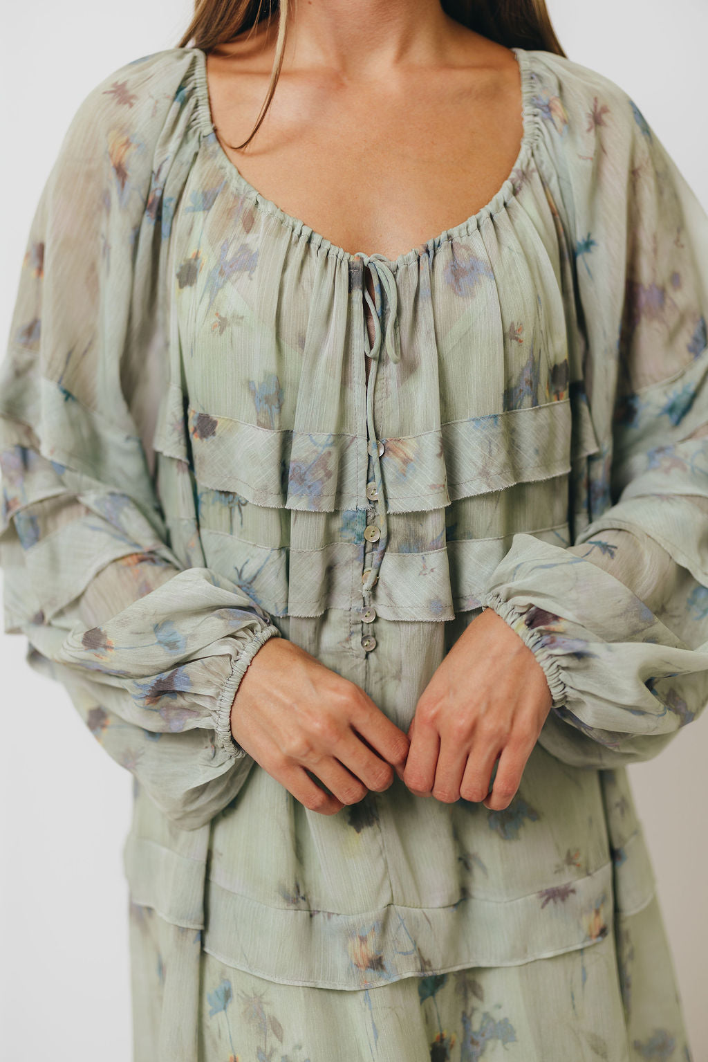 Wildwood Ruffled Maxi Dress in Sage Multi