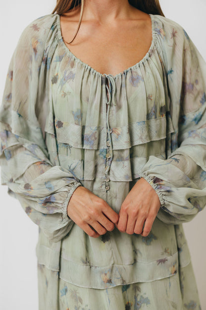 Wildwood Ruffled Maxi Dress in Sage Multi