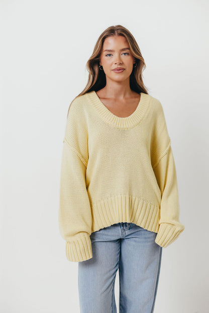 Lola 100% Cotton Scoop Neck Drop Shoulder Knit Sweater in Lemon