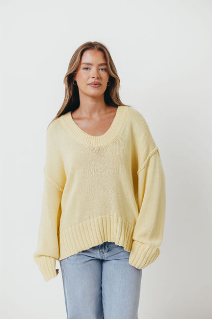 Lola 100% Cotton Scoop Neck Drop Shoulder Knit Sweater in Lemon