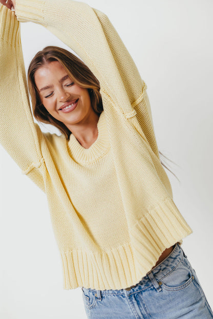 Lola 100% Cotton Scoop Neck Drop Shoulder Knit Sweater in Lemon