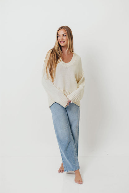 Lola 100% Cotton Scoop Neck Drop Shoulder Knit Sweater in Cream