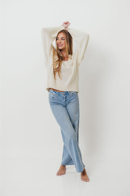 Lola 100% Cotton Scoop Neck Drop Shoulder Knit Sweater in Cream