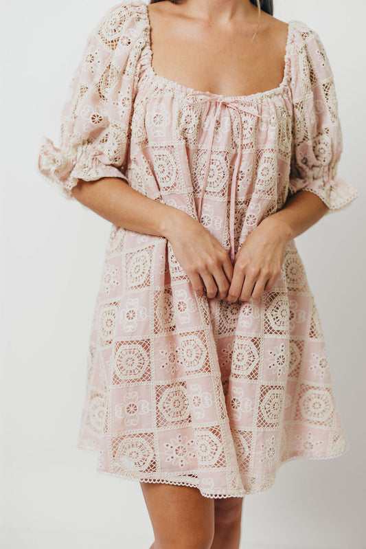 Georgette 100% Cotton Embroidered Mini Dress in Pink