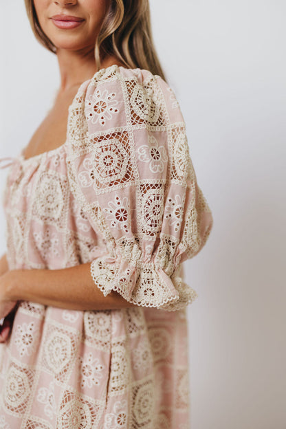 Georgette 100% Cotton Embroidered Mini Dress in Pink