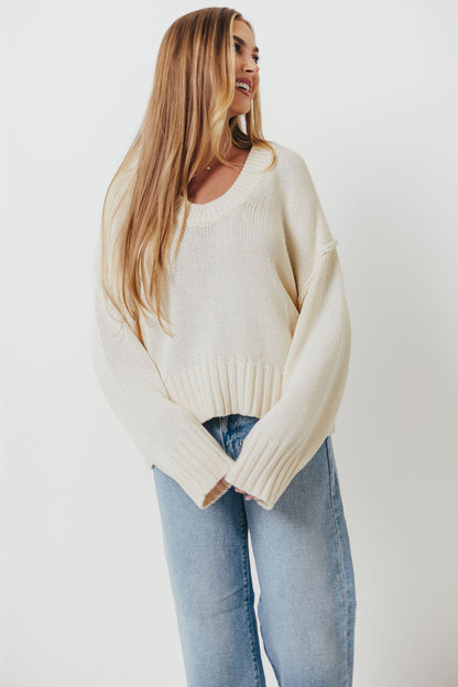 Lola 100% Cotton Scoop Neck Drop Shoulder Knit Sweater in Cream