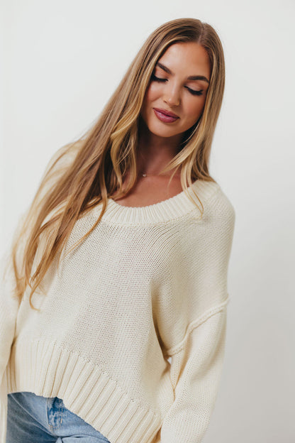 Lola 100% Cotton Scoop Neck Drop Shoulder Knit Sweater in Cream