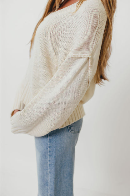 Lola 100% Cotton Scoop Neck Drop Shoulder Knit Sweater in Cream