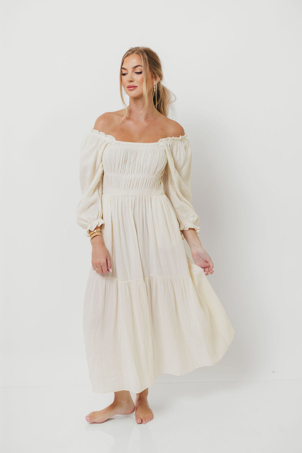 Dawn 100% Cotton Gauze Midi Dress in Soy