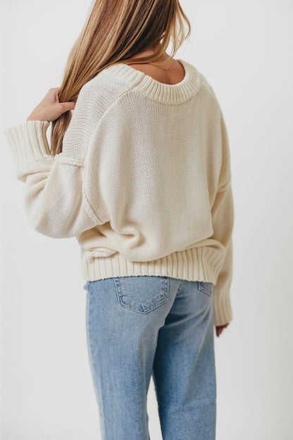 Lola 100% Cotton Scoop Neck Drop Shoulder Knit Sweater in Cream