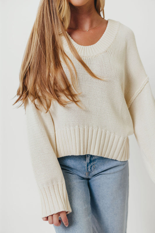 Lola 100% Cotton Scoop Neck Drop Shoulder Knit Sweater in Cream