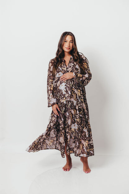 Eve Floral Print Button Front Duster Maxi With Detachable Slip in Brown Multi - Bump Friendly