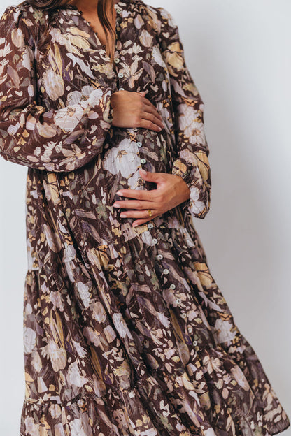 Eve Floral Print Button Front Duster Maxi With Detachable Slip in Brown Multi - Bump Friendly