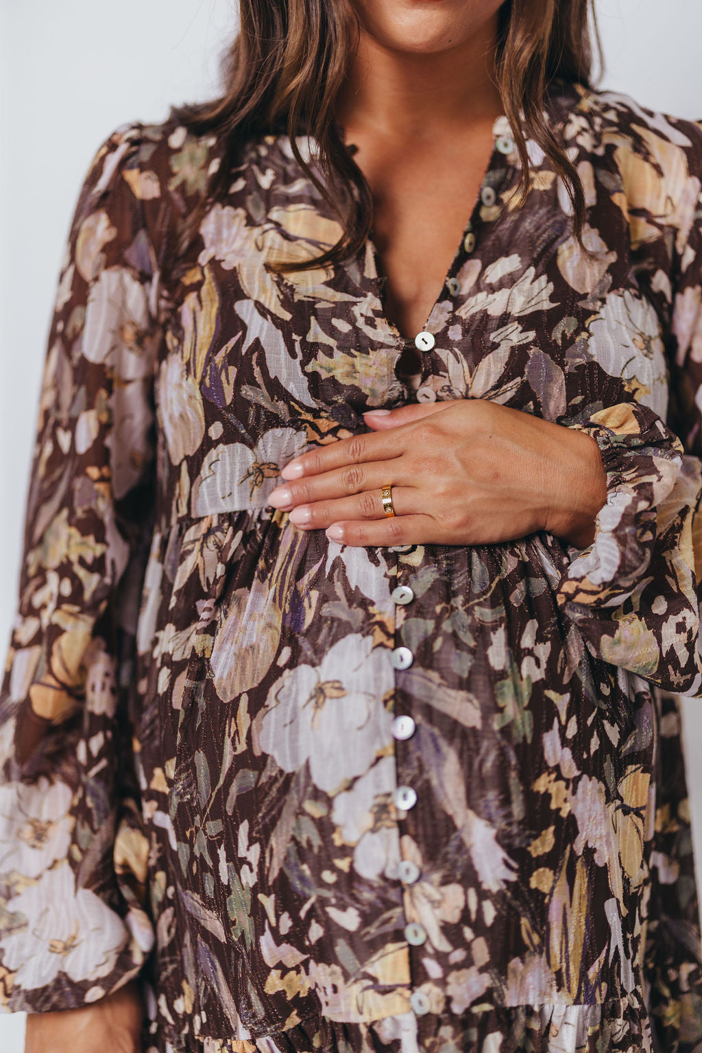 Eve Floral Print Button Front Duster Maxi With Detachable Slip in Brown Multi - Bump Friendly