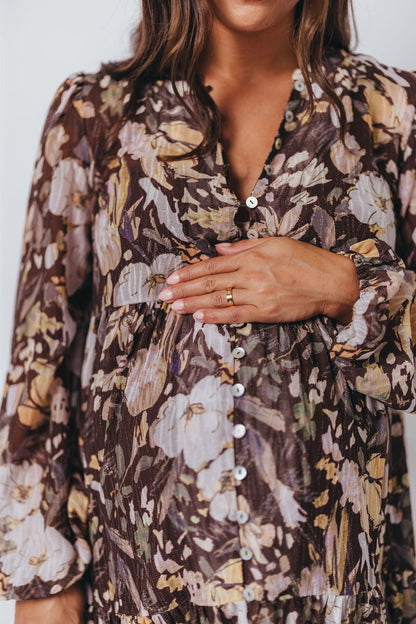 Eve Floral Print Button Front Duster Maxi With Detachable Slip in Brown Multi - Bump Friendly