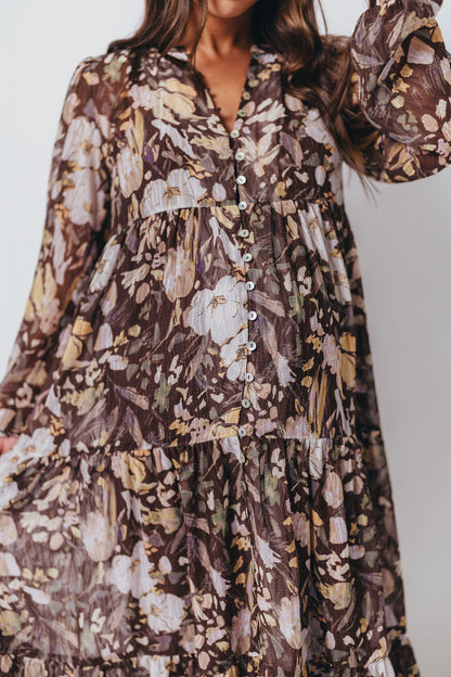 Eve Floral Print Button Front Duster Maxi With Detachable Slip in Brown Multi - Bump Friendly