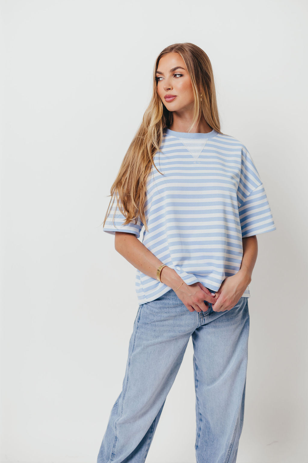 Izzy Striped French Terry Boxy Top in Sky/White