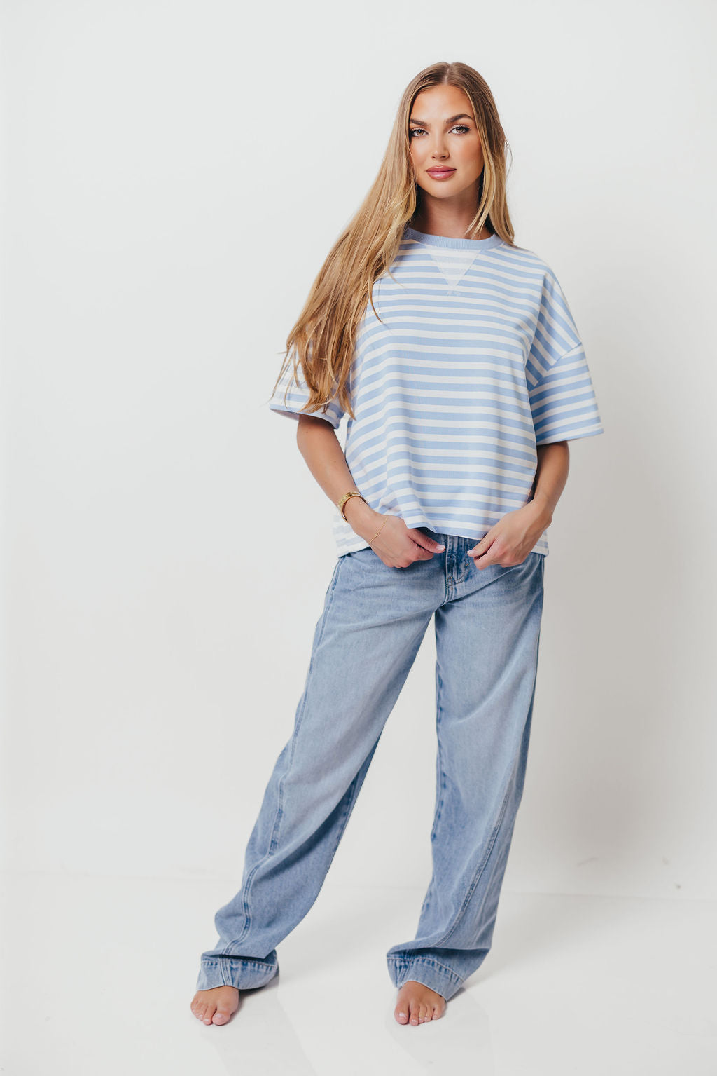 Izzy Striped French Terry Boxy Top in Sky/White