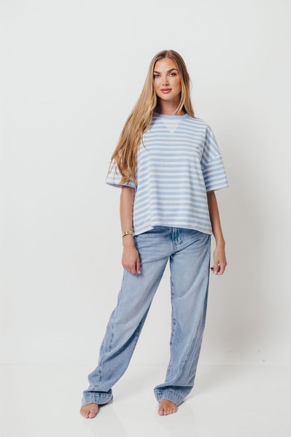 Izzy Striped French Terry Boxy Top in Sky/White