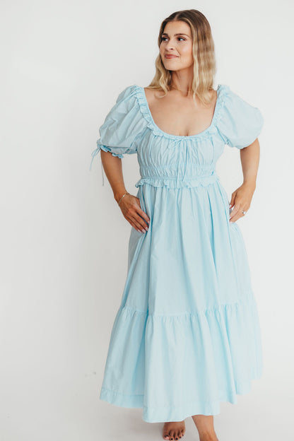Crissy 100% Cotton Ruched Midi Dress in Baby Blue - Bump Friendly