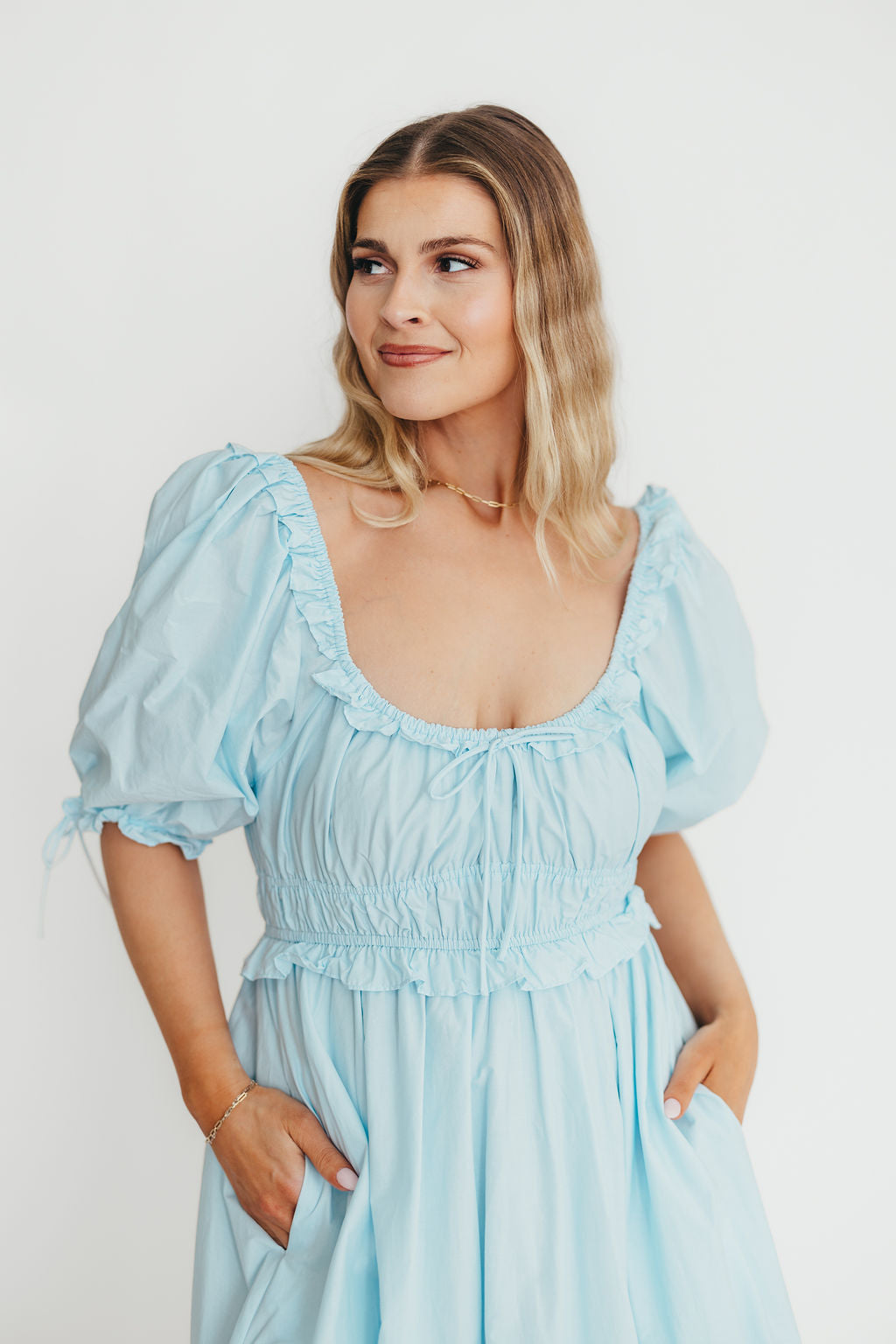 Crissy 100% Cotton Ruched Midi Dress in Baby Blue - Bump Friendly