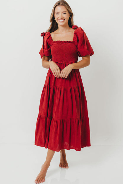 Elena 100% Cotton Smocked Midi Dress in Rust - Bump Friendly