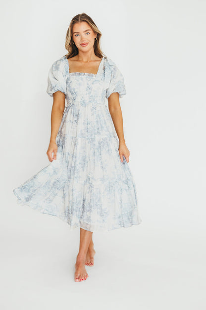 Elena Floral Print Smocked Midi Dress in Blue - Bump Friendly & Inclusive Sizing XS & S Left in Stock)  (Restocking Remaining Sizes in Oct)